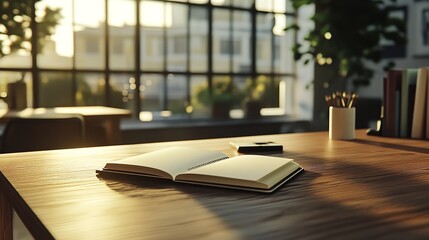 Open notebook on desk bright workspace sunlight studying writing planning business office work from home 100