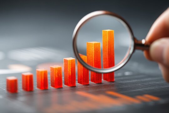 A magnifying glass focuses on an orange 3D bar chart showing rising data trends on a digital screen.