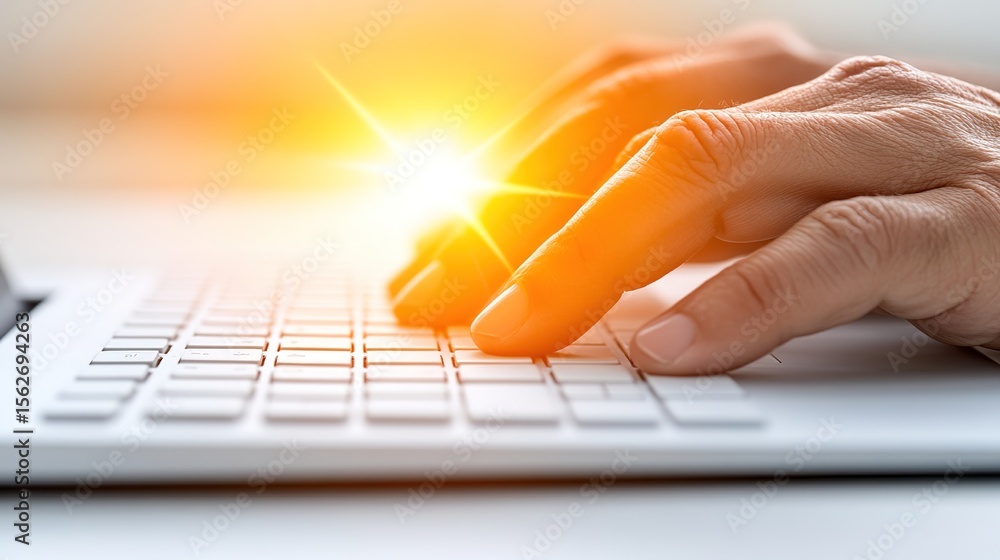 Poster close-up of hands typing on keyboard with glowing light effect