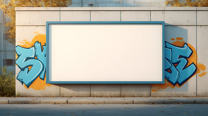 a blank billboard against a graffiti wall, offering ample space for custom messaging 