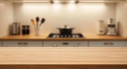 Wooden countertop in a blurred kitchen with cooking utensils and a pot on the stove