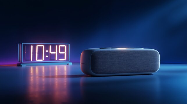 Digital alarm clock displays the time and a wireless speaker sits nearby in a dark, moody, and colorful setting.