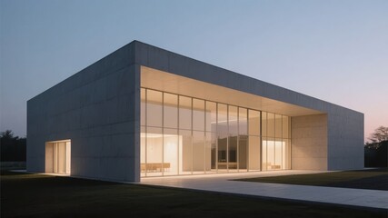Modern minimalist building with large glass windows and concrete exterior at dusk