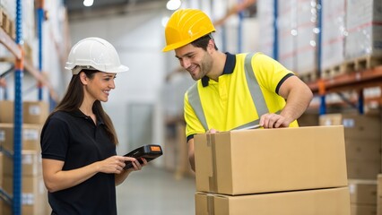 Two colleagues in hard hats are working together in a warehouse. The warehouse features shelving, boxes, and supplies, indicating a focus on logistics and inventory management