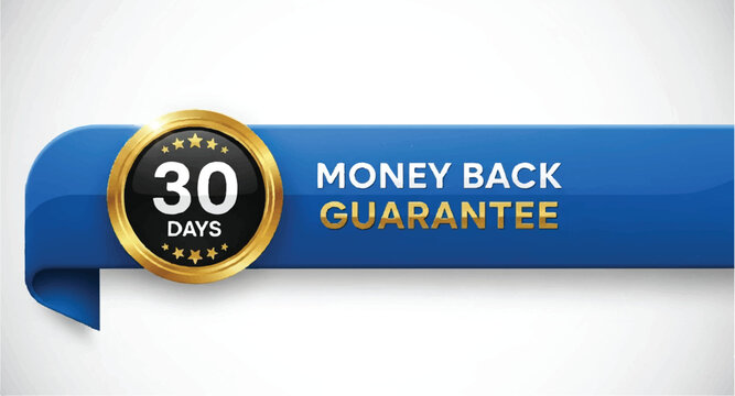 30 days money back guarantee emblem on blue ribbon banner