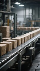 Naklejka premium Boxes Moving on Conveyor Belt in Warehouse