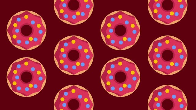 A seamless pattern of pink frosted donuts with sprinkles repeated on a deep red background creating a playful and vibrant dessert texture design.
