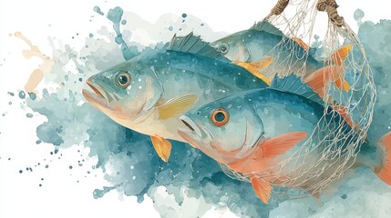 Fototapeta premium Three blue fish caught in a fishing net with a watercolor splash background.