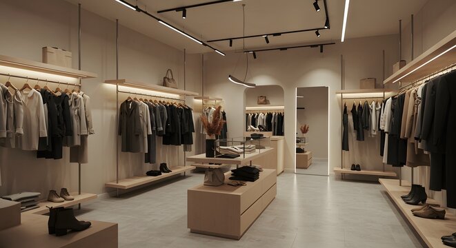 Boutique interior with neutral tones, clothing racks, and minimalist display tables under modern track lighting.