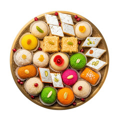 Assortment of colorful indian sweets arranged on a decorative brass platter