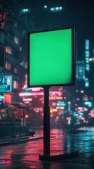 Neon sign display in urban nightscape digital art futuristic city rainy environment low angle advertising concept