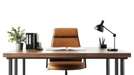 Office desk setup with chair lamp plant and books for business interior design and workspace concept