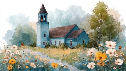 A charming blue church with a tall steeple stands amidst a vibrant wildflower field, under a soft, cloudy sky.
