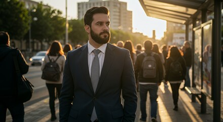 Confident businessman stands at a city bus stop, bathed in golden sunset light, amidst a blurred crowd of commuters.