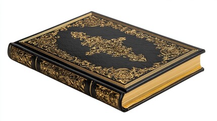 Decorated Black Book, Isolated, Lying flat, on white, for religion or magic concepts