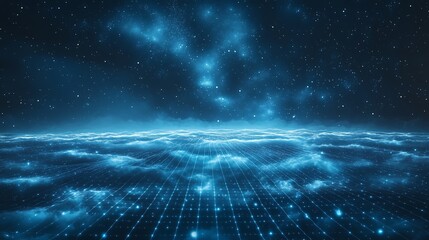 Futuristic abstract plane flying over a glowing grid, with blue neon light trails blending into a dark starry sky, perfect for aviation or tech themes.