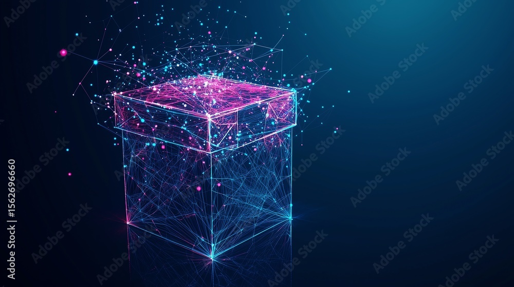 Poster a glowing low poly wireframe ballot box against a dark blue background, with geometric patterns form