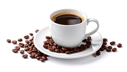 Fototapeta premium Freshly brewed coffee in a white cup with surrounded by roasted beans White background.