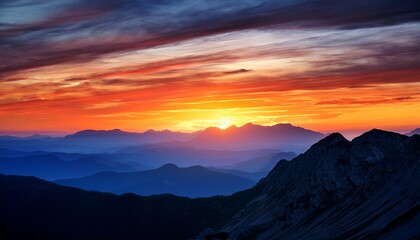 Fototapeta premium Mountain landscape silhouette at sunrise, dramatic sky colors