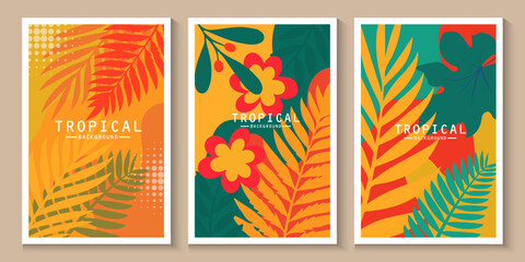 Tropical banners, poster, cards set with Creative compositions of colorful palm leaves and branches nature. Abstract botanical geometric design templates for, covers web in Flat style with copy space