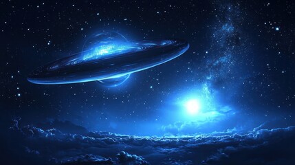 A blue and green planet with a glowing ring and a bright blue light in the sky, with a dark blue cloud in the foreground and a starry night sky in the background.