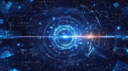 A futuristic, digital tunnel with glowing blue lights and intricate, circular patterns, set against a dark blue background with a glowing light at the end.