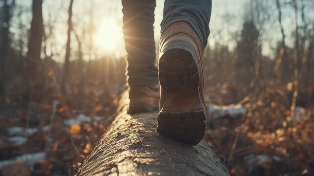 Person walking on a log in a forest at sunset.