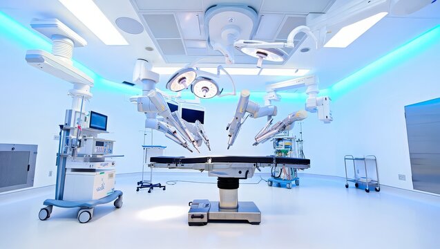 Advanced robotic surgery suite with multiple surgical arms and equipment