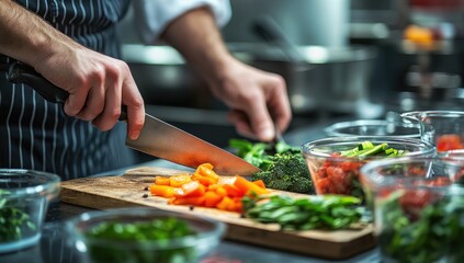 Chef's hands, close-up, chopping vegetables on a wooden board in a professional kitchen