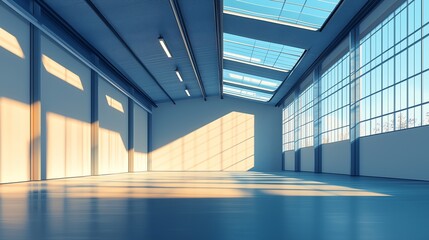 Fototapeta premium Flat vector illustration of an empty warehouse interior with soft natural lighting from skylights, featuring clean geometric lines and an open industrial space.