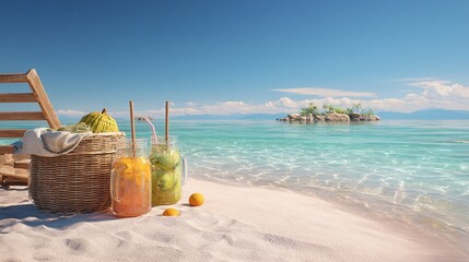 Summer vacation scene with a sunny beach, blue sea and sky, cool drinks, standard lens, direct sunlight at noon, realistic style, vibrant colors, relaxing atmosphere, beach lifestyle, clear blue water