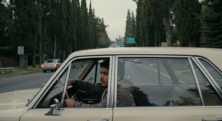 Young man thoughtfully drives a vintage car down a tree-lined road, lost in contemplation on a cloudy day.