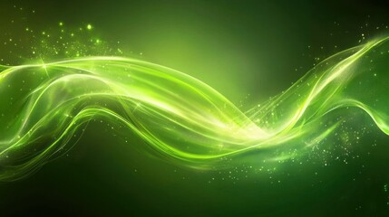 A green and white abstract wave pattern with a glowing, luminous effect, set against a dark background with a few scattered stars.