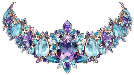 Isolated tiara with blue and purple gemstones on white, used for fashion or fantasy themes