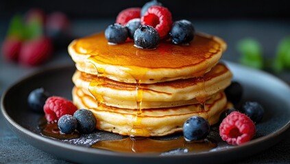Stack of fluffy pancakes, drizzled with golden syrup, topped with fresh blueberries and raspberries