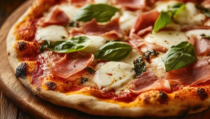 Close-up of a wood-fired pizza topped with prosciutto, mozzarella, and fresh basil