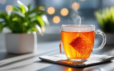 A clear glass cup of hot tea with a teabag steeping, placed in soft natural light