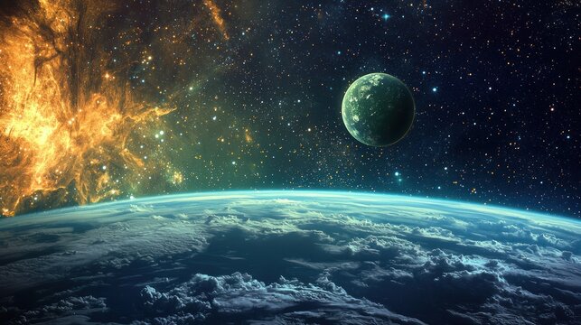 A green and red planet with a blue and green atmosphere, surrounded by a starry sky with a large orange nebula and a green planet in the foreground.