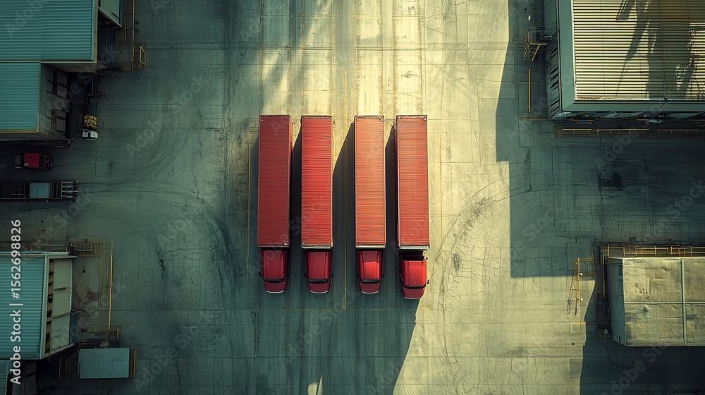 Poster aerial view of multiple trucks lined up at a large distribution warehouse, focusing on symmetry with