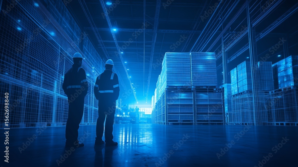 Poster engineer and businessman in a warehouse overseeing cargo loading. dark blue background with subtle w