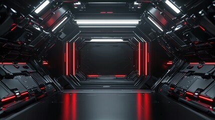 A futuristic, dark, metallic tunnel with red and white lights, featuring a central doorway and a black floor.