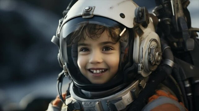 A boy is wearing a heavy space suit, piloted the lunar lander