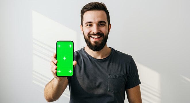 Happy man shows a smartphone with a green screen, smiling broadly against a bright white background.