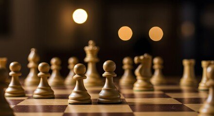 Strategic Showdown: Chess Pieces on a Wooden Board, Illuminated by Warm Lights