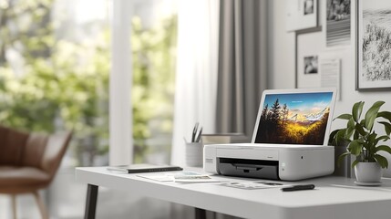 Printer setup at home office desk with laptop and plant for printing documents and photos easily