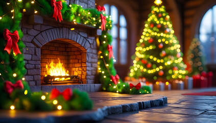 Cozy christmas fireplace scene with decorated trees and presents