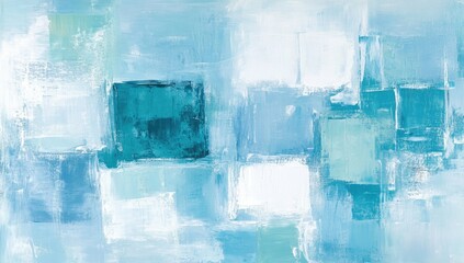 Abstract painting featuring a mix of light blue, teal, and white hues.  Brushstrokes create a series of interlocking squares, with a prominent teal square in the center