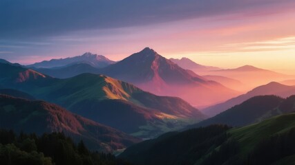 Sunset Over Mountain Ranges with Layered Peaks and Soft Lighting