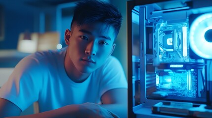 Young man with custom gaming pc build looking at camera with blue lighting and computer components inside