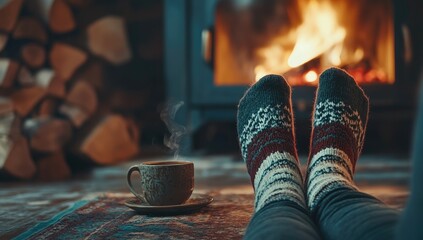 Cozy feet by a warm fireplace, steaming cup of tea